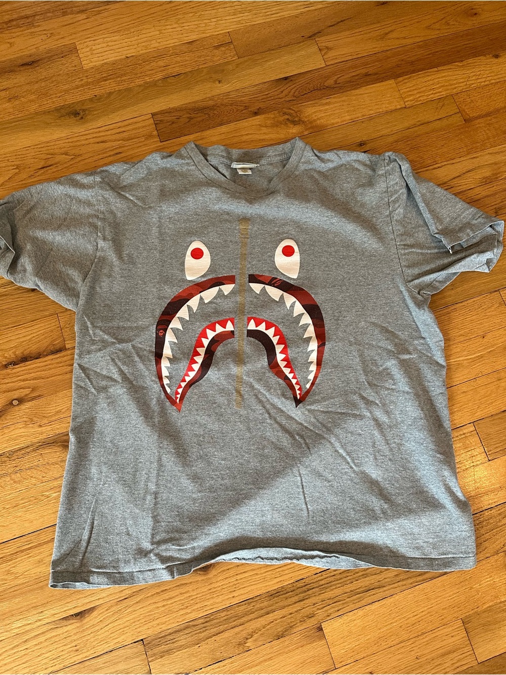 Bape Grey Shark Face Short-Sleeve Tee with Red Accents